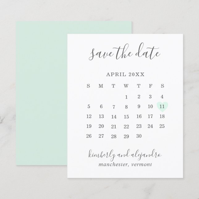 Papier Green Heart Calender Budget Wedding Enregistrer la (Devant / Derrière)