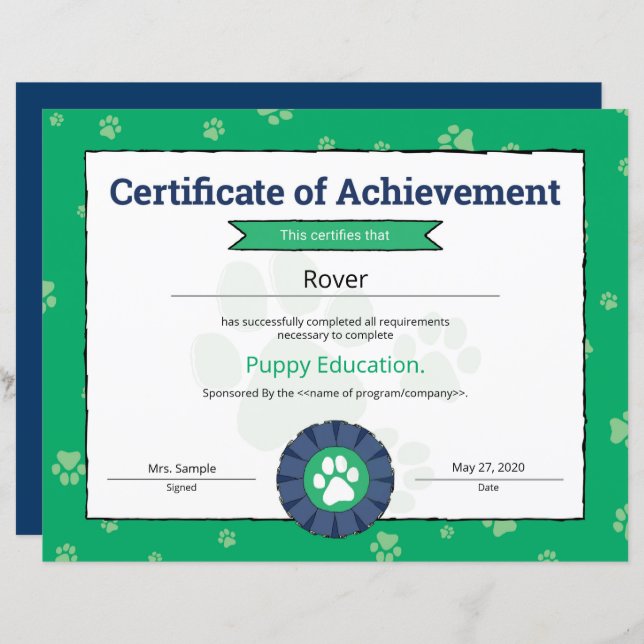 Papier Green Puppy Program Pet Obedience School Pré Puppy (Devant / Derrière)