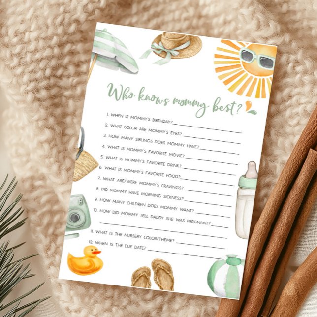 Papier Green Splish Splash Baby Qui connaît maman meilleu (Summer Baby Bash Baby Shower Who knows Mommy Best Game)