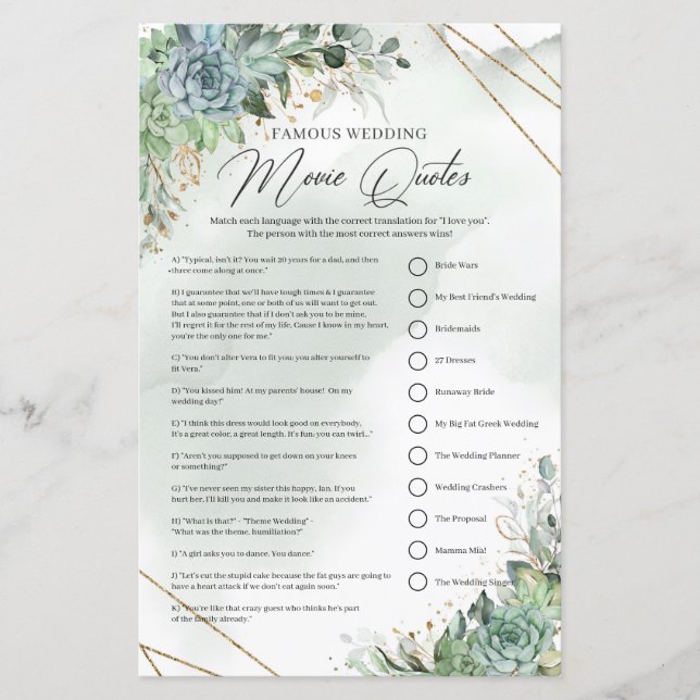 Papier Green succulent or Citations de films Mariages cél (Devant)