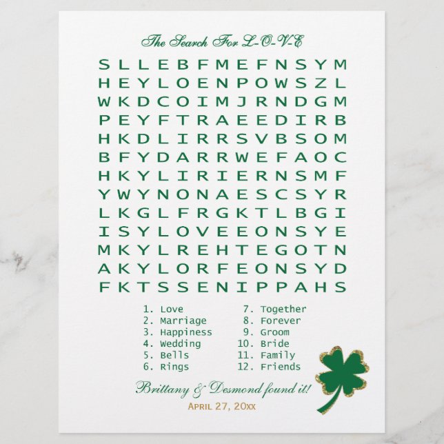 Papier Green White Gold "Search for Love" Wordsearch Jeu (Devant)