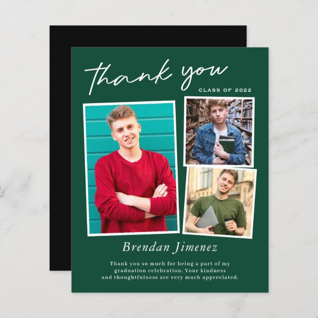 Papier Green White Script 3 Photo Graduation Merci (Devant / Derrière)