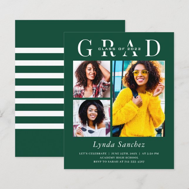 Papier Green White Stripes 3 Invitations de graduation ph (Devant / Derrière)