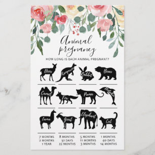 Papier Grossesse animale avec réponses Baby shower Jeu