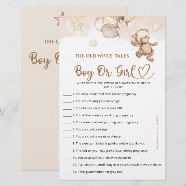 Papier Guess Boy Ou Girl Tales Baby Bear Baby shower (Devant / Derrière)