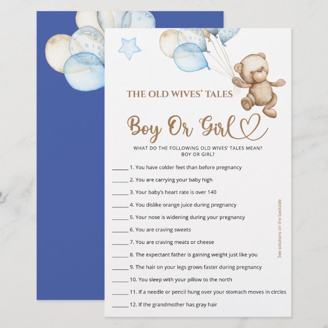 Papier Guess Boy Ou Girl Tales Teddy Bear Baby shower. (Devant / Derrière)
