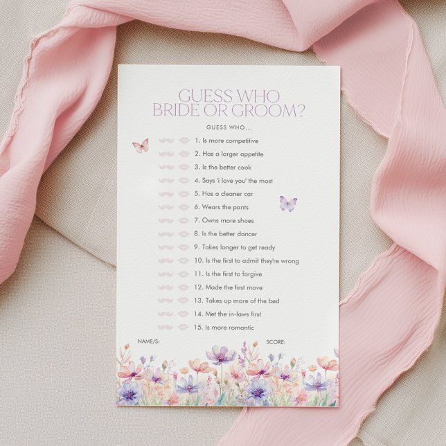 Papier Guess who Bride or Groom Floral Bridal Shower Game (Guess who Bride or Groom? Wildflower butterfly Bridal Shower Game)