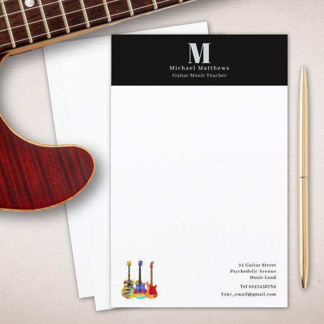 Papier Guitare Enseignant Musique Leçons Custom Business (Guitar music teacher custom business stationary)