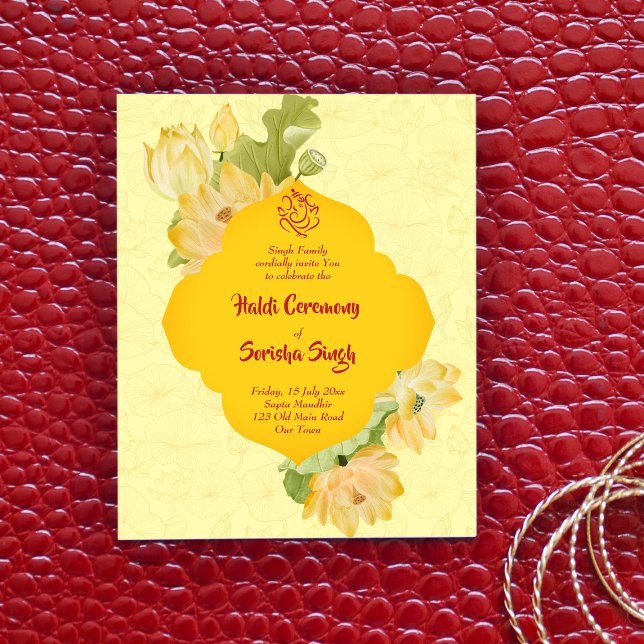 Papier Haldi pithi jaune lotus fleurs budget invitation (Créateur téléchargé)