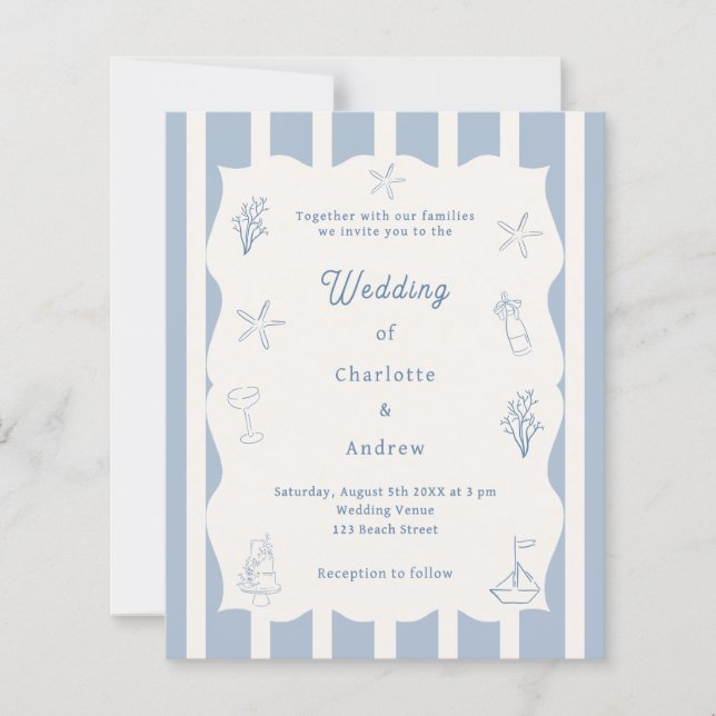 Papier Hand drawn beach blue ivory wedding invitation (Devant)