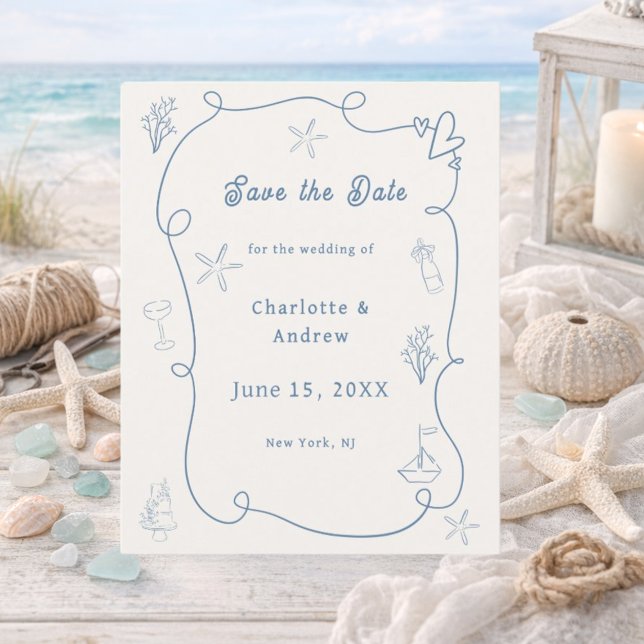 Papier Hand drawn beach blue ivory wedding Save the Date (Créateur téléchargé)