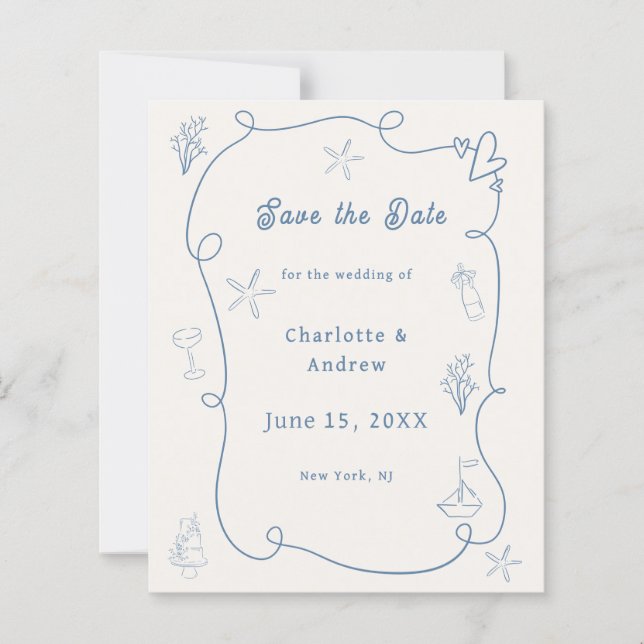 Papier Hand drawn beach blue ivory wedding Save the Date (Devant)