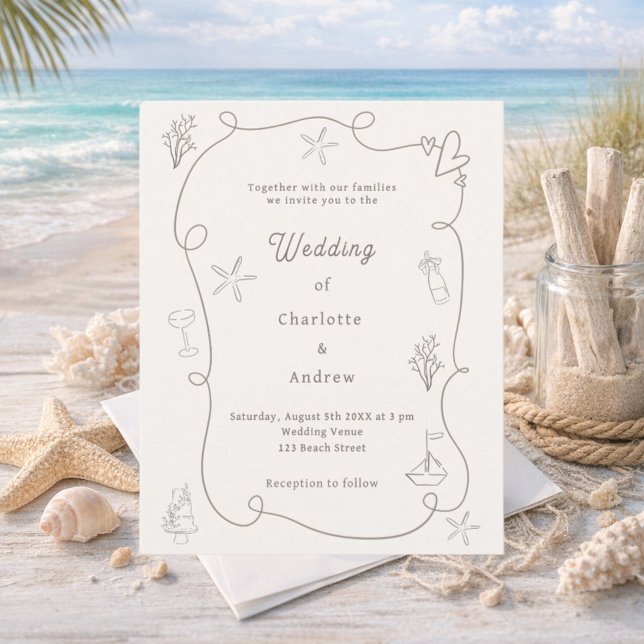 Papier Hand drawn beach sand ivory wedding invitation (Créateur téléchargé)