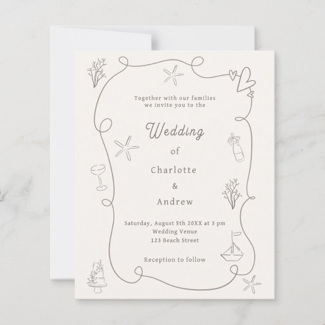 Papier Hand drawn beach sand ivory wedding invitation (Devant)