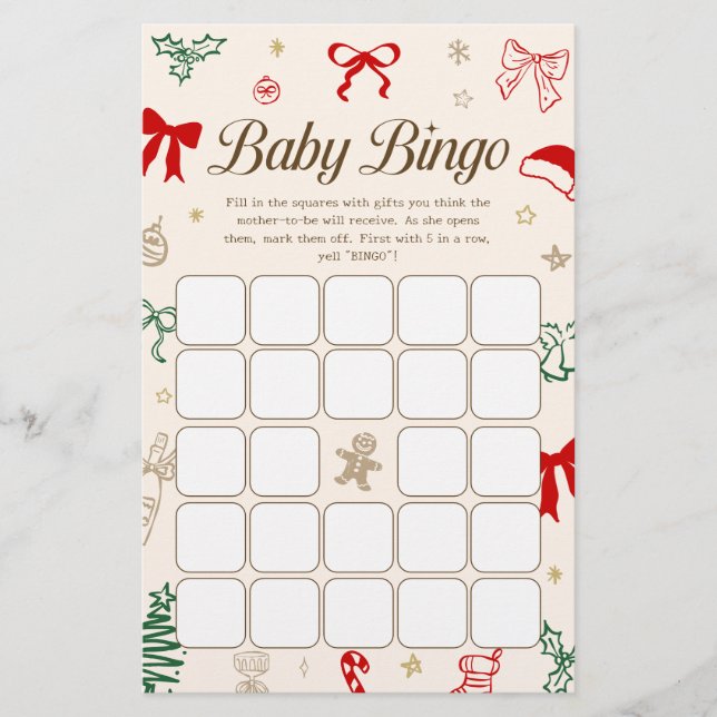 Papier Hand Drawn Christmas Baby Shower Bingo Game (Devant)