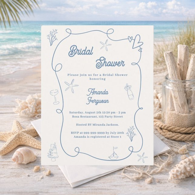 Papier Hand drawn coastal blue Bridal Shower invitation (Créateur téléchargé)