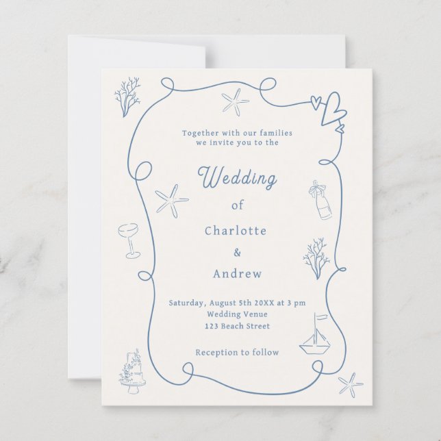 Papier Hand drawn coastal blue ivory wedding invitation (Devant)