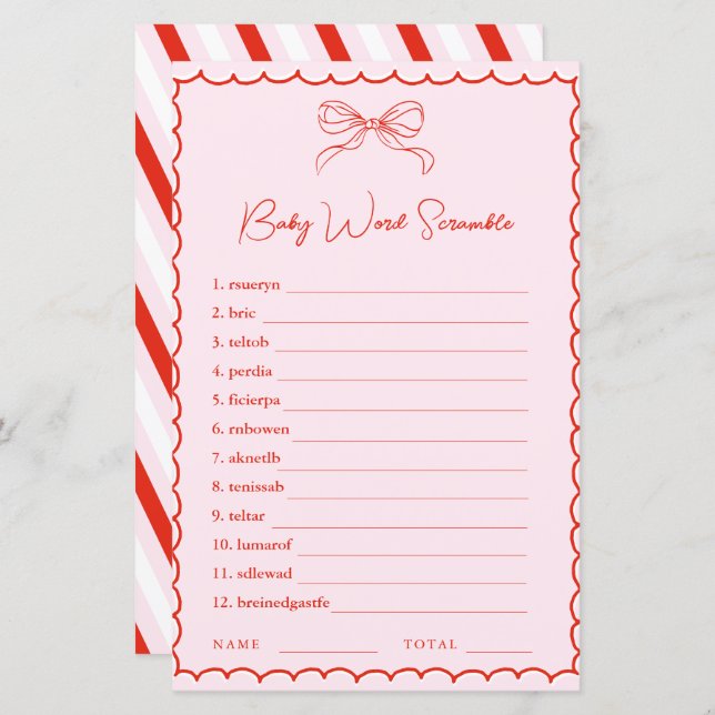 Papier Hand Drawn Pink Red Word Scramble Baby Shower Game (Devant / Derrière)
