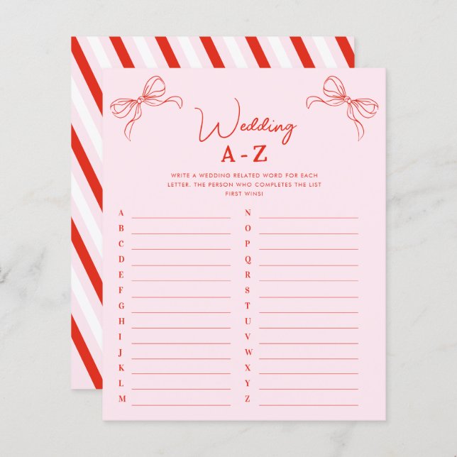 Papier Hand Drawn Red Bow Wedding A-Z Bridal Shower Game (Devant / Derrière)