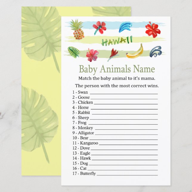 Papier Hawaii Baby Animaux Nom Jeu (Devant / Derrière)