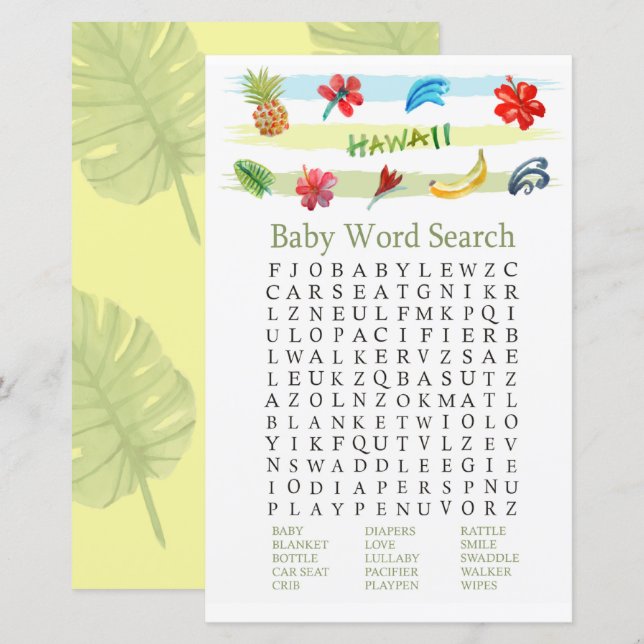 Papier Hawaii Baby shower Mot de recherche Jeu (Devant / Derrière)
