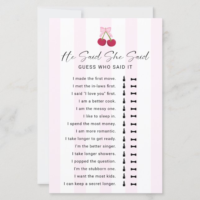 Papier He Said She Said Bridal Shower Game Coquette (Devant)