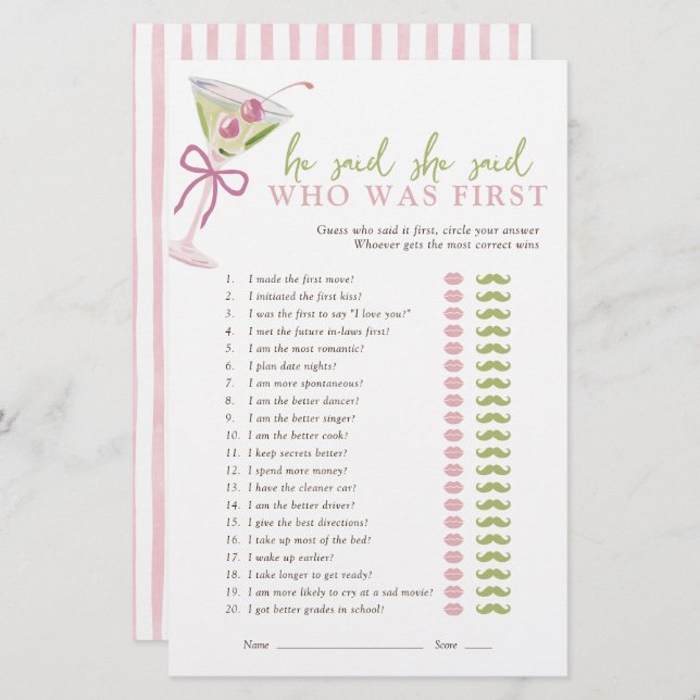 Papier He Said She Said Chic Martini Bridal Game (Devant / Derrière)