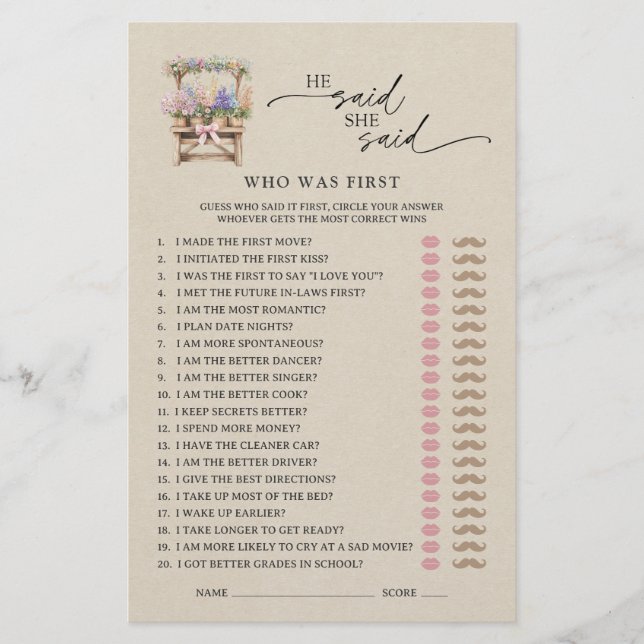 Papier He Said She Said Farmers Market Bridal Shower Game (Devant)