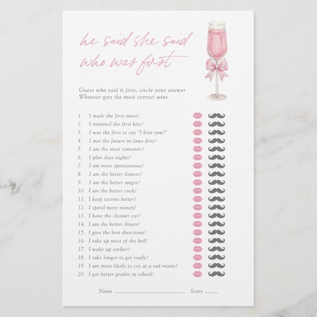 Papier He Said She Said Pink Champagne Bow Bridal Game (Devant)