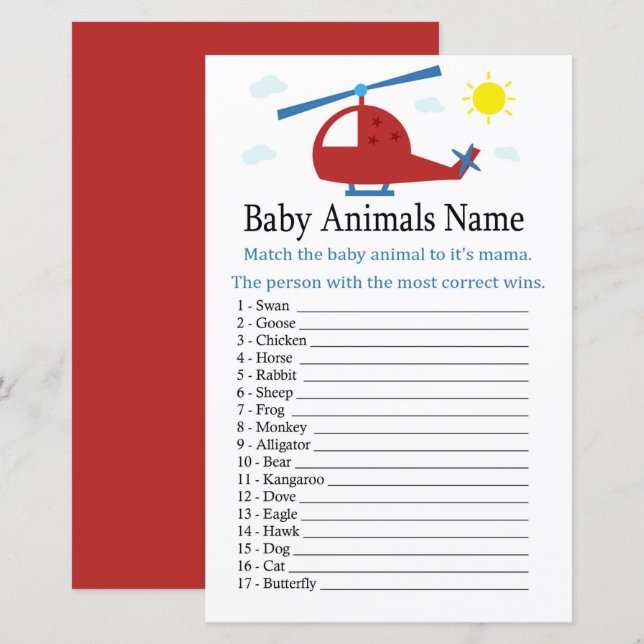 Papier Hélicoptère de jouets Bébé Animaux Nom Jeu (Devant / Derrière)
