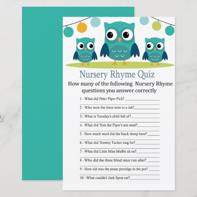 Papier Hibou Nursery Rhyme jeu de baby shower (Devant / Derrière)