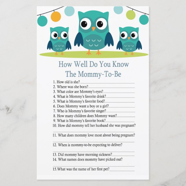 Papier Hibou, tu connais bien le jeu baby shower (Devant)