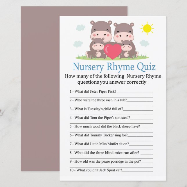 Papier Hippo famille Nursery Rhyme Quiz jeu de baby showe (Devant / Derrière)