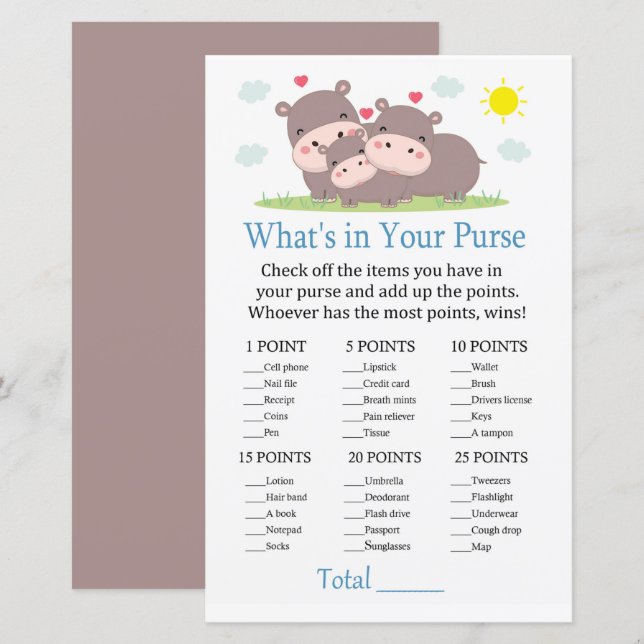 Papier Hippo Qu'y a-t-il dans votre jeu de bourse ? (Devant / Derrière)