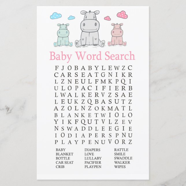 Papier Hippopotamus Baby shower Mot de recherche jeu (Devant)