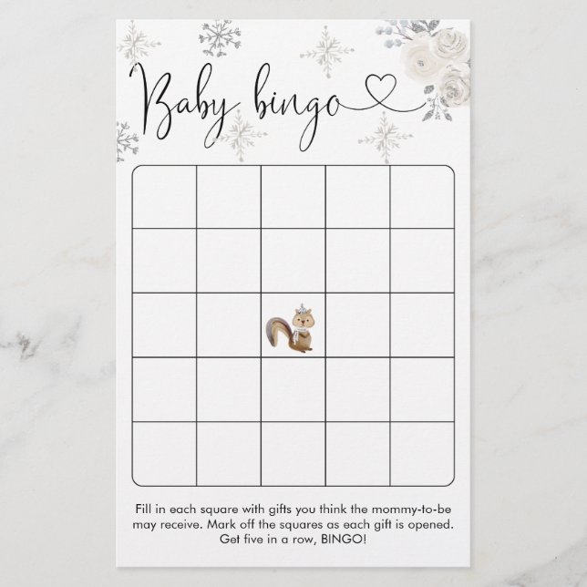 Papier Hiver Blanc Floral Bois Jeu de Bingo (Devant)