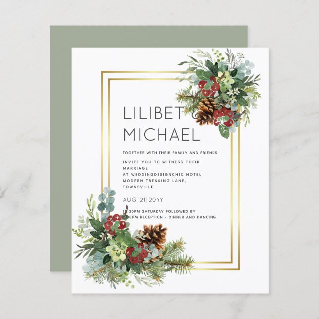 Papier Hiver Red Berries Pine Cones Mariage (Devant / Derrière)