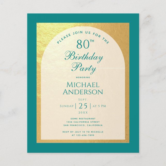 Papier Homme 80e anniversaire Faux Gold Turquoise Budget  (Devant)