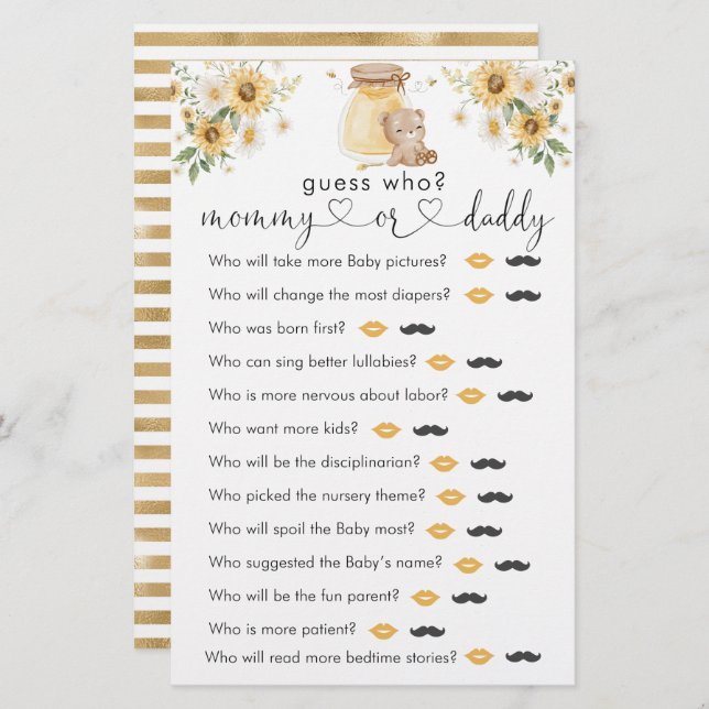 Papier Honey Bear Baby shower "Devinez Qui" Jeu (Devant / Derrière)