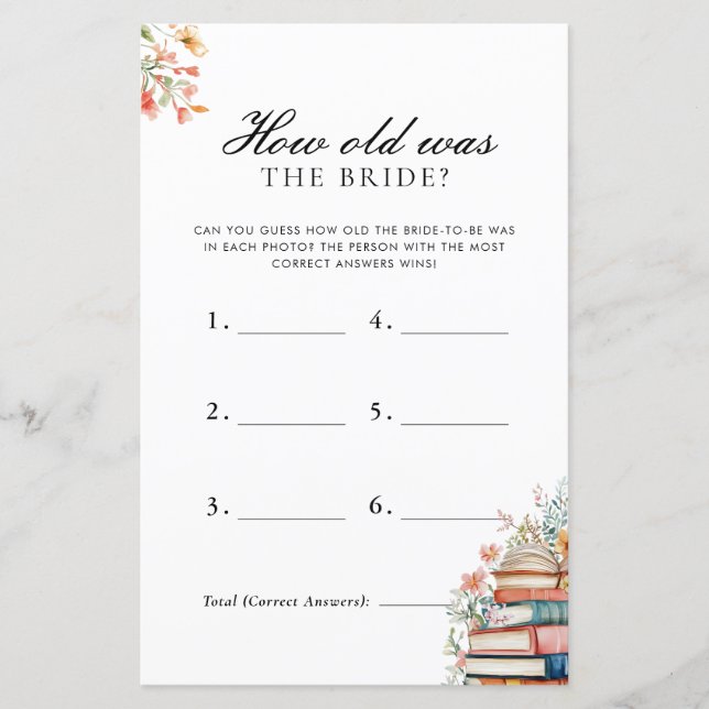 Papier How Old Was Bride New Chapter Bridal Shower Game (Devant)