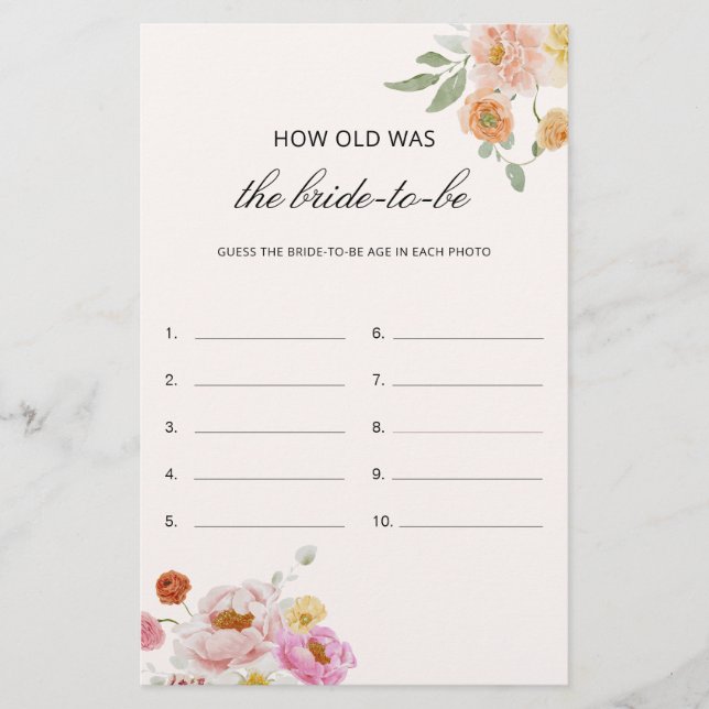 Papier How Old Was The Bride Bridal Shower Game Card (Devant)