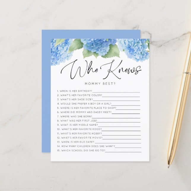 Papier Hydrangea Blue Flowers Qui Connaît Mommy Baby Game (Devant/Arrière en situation)