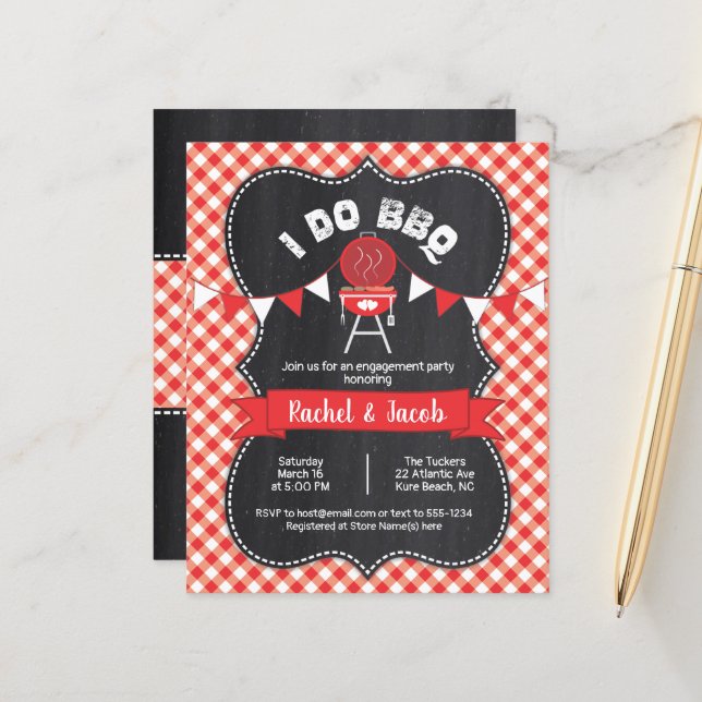 Papier I DO BBBQ Couples Douche En vichy rouge sur tablea (Devant/Arrière en situation)
