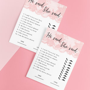 Papier Il a dit : "Pink Lace Fête des mariées Game"