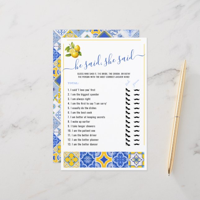 Papier Il A Dit Qu'Elle A Dit Blue Tiles Fête des mariées (Devant/Arrière en situation)