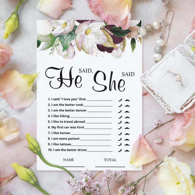 Papier Il a dit qu'elle a dit Burgundy Floral Bridal Game (Créateur téléchargé)