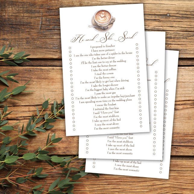 Papier Il a dit qu'elle a dit café chute nuptiale jeu de  (He said she said love is brewing coffee cappuccino fall bridal shower games)