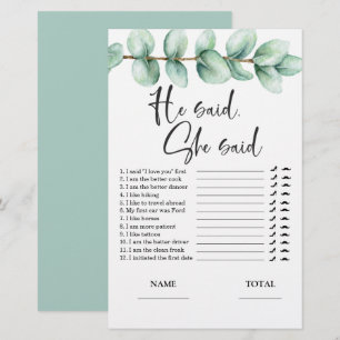Papier Il a dit qu'elle a dit Eucalyptus Bridal Game Invi