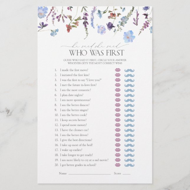 Papier Il A Dit Qu'Elle A Dit Fleur sauvage Fête des mari (Devant)