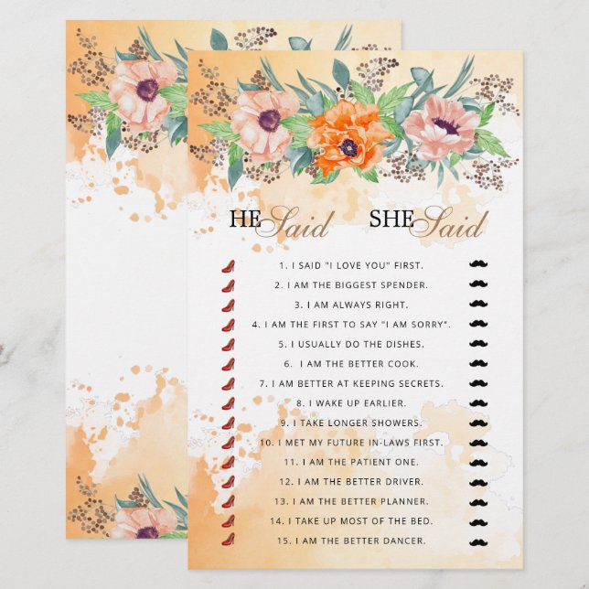 Papier Il a dit qu'elle a dit jeu de douche nuptiale (Devant / Derrière)